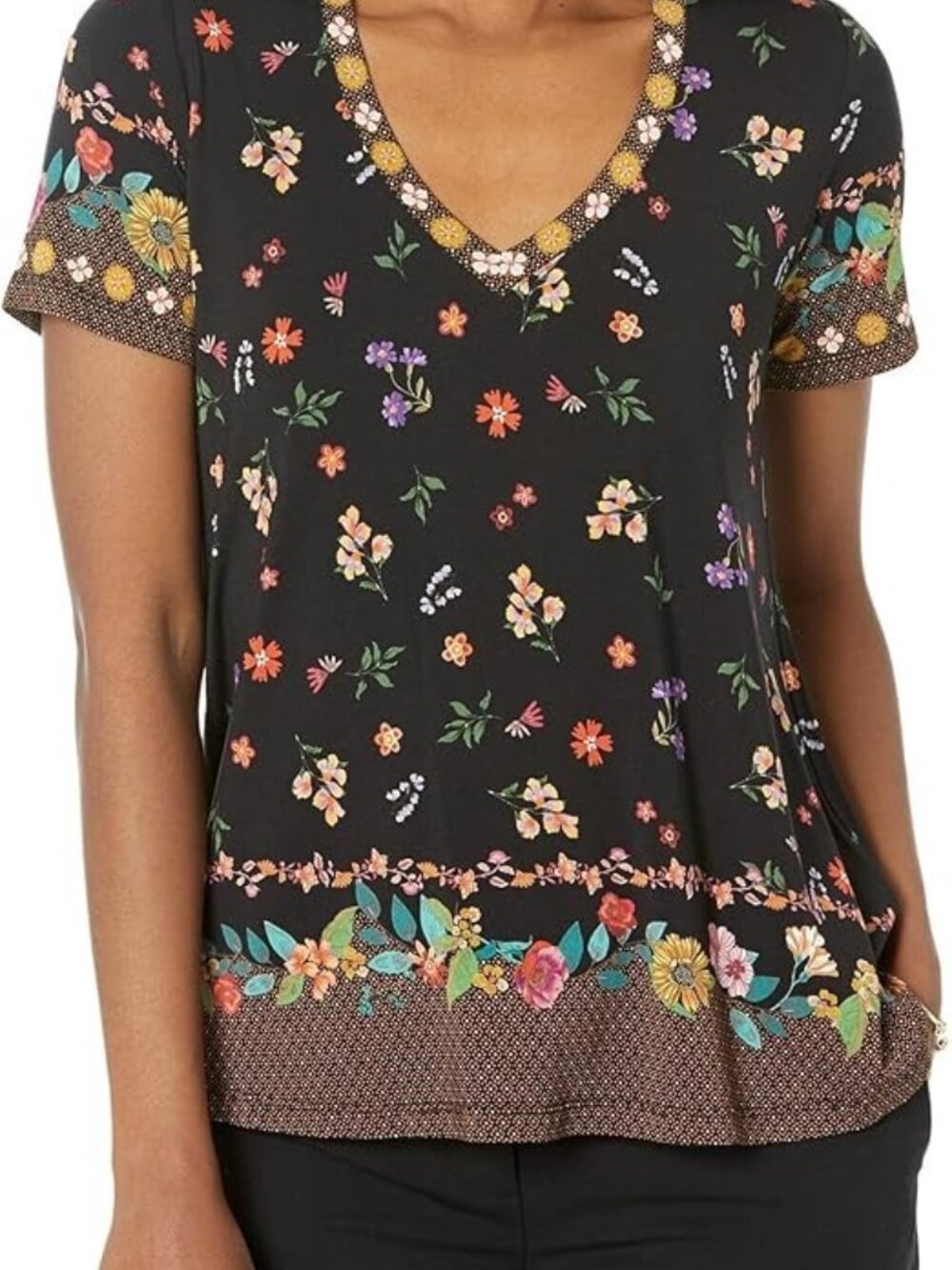 Johnny Was V Neck Tropical Floral Top Women Size L Viscose Bamboo blend